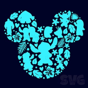 May include: A cyan graphic of a Mickey Mouse silhouette filled with character silhouettes, including Stitch, flowers, and leaves. The design is set against a dark blue background, creating a playful and whimsical aesthetic.
