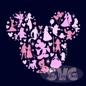 Puede incluir: Siluetas rosas de personajes de Disney, incluyendo princesas y Mickey Mouse, dispuestas en forma de orejas de Mickey. El diseño está sobre un fondo azul oscuro.