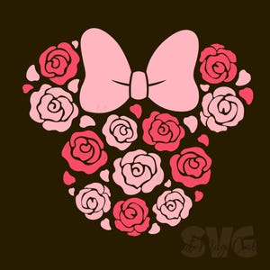 May include: A pink bow and rose design on a dark brown background. The design is shaped like a head with a bow on top, composed of pink and red roses. The image has a simple, clean aesthetic, suitable for various applications.
