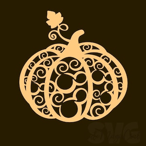 May include: A light orange pumpkin design with intricate swirl patterns and Mickey Mouse silhouettes. The pumpkin has a stem and a leaf, perfect for fall-themed crafts and decorations.