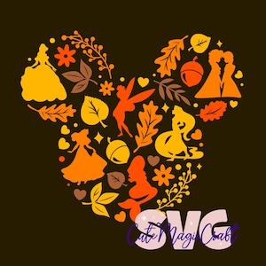 May include: A fall-themed graphic in the shape of Mickey Mouse's head, filled with silhouettes of Disney characters, leaves, acorns, and flowers in shades of orange, yellow, and brown. The text "Cute Magi Craft SVG" is at the bottom.