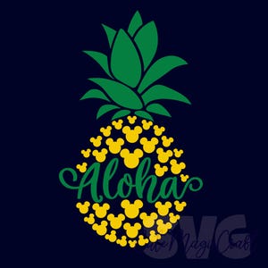 May include: A graphic of a pineapple with a green top and yellow body made of Mickey Mouse silhouettes. The word "Aloha" is written in green script across the pineapple, set against a dark blue background.