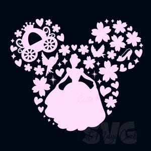 May include: A pink silhouette design on a black background, shaped like Mickey Mouse ears. The design features a princess in a ball gown, a carriage, flowers, hearts, a bird, a crown, a high heel, and stars. The design is a digital graphic.