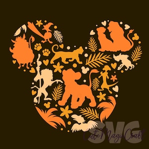 Puede incluir: Diseño gráfico naranja y amarillo con personajes de una popular película de animación, dispuestos en forma de cabeza de ratón. El diseño incluye leones, un jabalí, un suricato y otros elementos sobre un fondo oscuro.