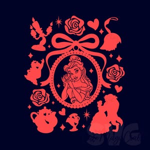 May include: A coral-colored graphic design on a navy blue background. The design features a central portrait of a woman within a decorative frame, surrounded by roses, hearts, and silhouettes of characters from a fairy tale.