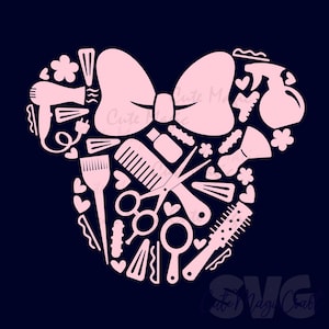 May include: Pink silhouette of a bow and a mouse head shape filled with hair styling tools, including a hairdryer, scissors, combs, and hair clips, on a dark blue background. The design is for a hair stylist or salon.