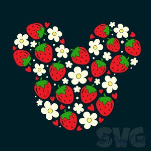 Fraises, fleur de fraisier SVG pour bricolage | Tête de Mickey Mouse SVG | Fichier découpé de décor de voyage de vacances | DIGITAL_DOWNLOAD | Graphique pour t-shirts