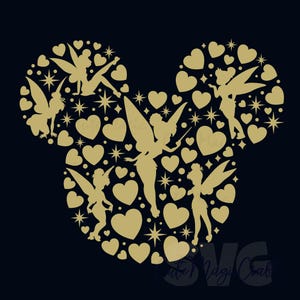 May include: A gold silhouette of a Mickey Mouse head shape, filled with hearts, stars, and fairy figures against a dark blue backdrop. The design showcases multiple fairies in different poses, creating a whimsical and magical aesthetic.