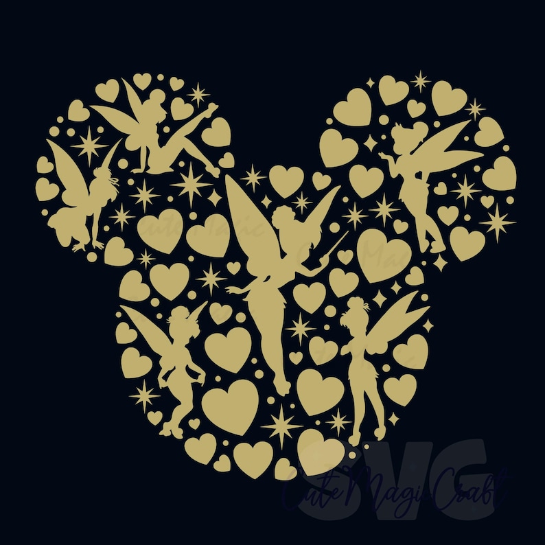 May include: A gold silhouette of a Mickey Mouse head shape, filled with hearts, stars, and fairy figures against a dark blue backdrop. The design showcases multiple fairies in different poses, creating a whimsical and magical aesthetic.