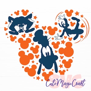 May include: A navy blue and orange graphic featuring Mickey Mouse and Goofy in a Mickey Mouse head shape. The design includes Mickey Mouse silhouettes, stars, and the text "Cute Magic Craft".