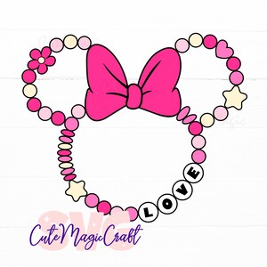 May include: A pink and white graphic of a Minnie Mouse-inspired design. The design features a large pink bow, beaded ears, and the word "LOVE" spelled out in beads. A flower and star accent the design.