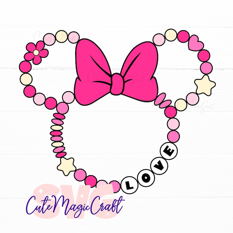 May include: A pink and white graphic of a Minnie Mouse-inspired design. The design features a large pink bow, beaded ears, and the word "LOVE" spelled out in beads. A flower and star accent the design.
