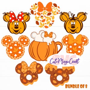 May include: A digital graphic bundle of eight autumn-themed illustrations featuring mouse-shaped icons, pumpkins, donuts, and leaves in orange, brown, and white. The text CuteMagicCraft and BUNDLE OF 8 is visible on the white background.