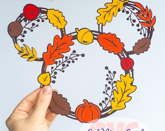 Fall Leaf Wreath décor SVG for DIY crafters! | Thanksgiving Mickey Head cut files | Autumn Vibes on Shirt Design | DIGITAL_DOWNLOAD