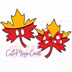 May include: Two cartoon maple leaves with yellow tops and red bases. One leaf has white oval eyes, and the other has a red bow with white polka dots. The text "Cute Magic Craft" is written in purple cursive below the leaves.