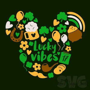 May include: A green and yellow graphic design in the shape of a mouse head, featuring St. Patrick's Day symbols. Includes shamrocks, balloons, a pot of gold, and the text "Lucky vibes".