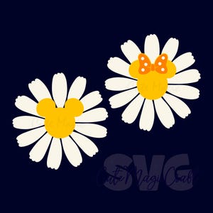 May include: Two daisy flower designs on a navy blue background. Each daisy has white petals and a yellow center. One daisy features a yellow Mickey Mouse head, and the other has a yellow head with an orange bow. The text "Cute Magi Craft" is at the bottom.