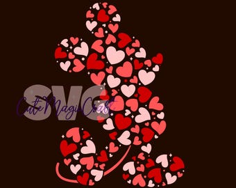 Silueta de Mickey Mouse de corazones SVG para manualidades. ¡Archivos de corte para decoración de San Valentín! /DESCARGA DIGITAL / ¡Gráfico para camisetas!