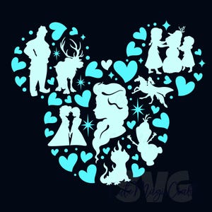 May include: A teal and white graphic design featuring characters from the film Frozen, arranged in the shape of Mickey Mouse ears. The design includes silhouettes of Elsa, Anna, Olaf, Kristoff, Sven, and other characters, surrounded by hearts and stars.