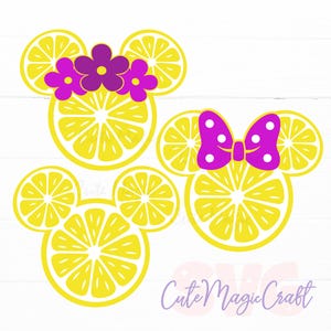 DIY 用のスミレ付きレモン マウス ヘッド SVG! | バケーション バイオレット レモネード デコレーション カット ファイル | クラフト作家向けのデジタル ダウンロード! | T シャツ用グラフィック!