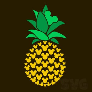 May include: A stylized pineapple design with a dark brown background. The pineapple's body is composed of yellow Mickey Mouse silhouettes. The top features green leaves and a green Mickey Mouse head. A fun and whimsical design.