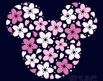 Głowa Myszki Miki z kwitnącą wiśnią w formacie SVG do samodzielnego wykonania! | Wyprawa wakacyjna w formacie SVG | Pliki do wycinania dekoracji Sakura | POBIERANIE CYFROWE | Grafika na koszulki
