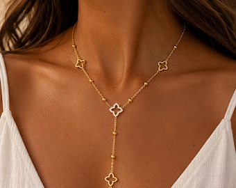 Wasserdichte Kleeblatt-Halskette aus Edelstahl, trendiger Sommerschmuck, Geschenkidee für Frauen, Y-förmige Halskette, lange Halskette