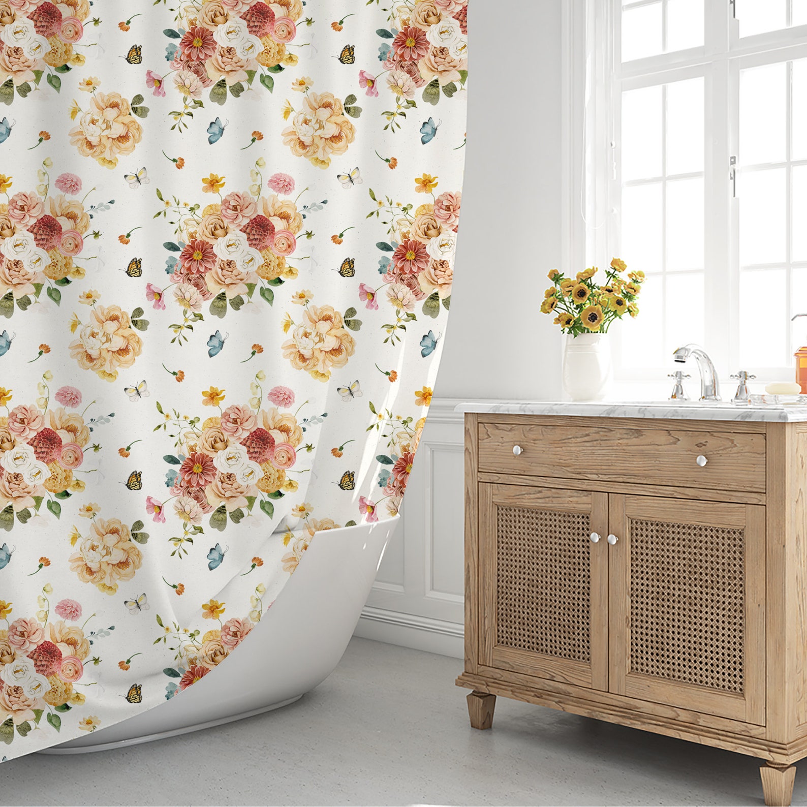 Fabric Boho Floral Shower Curtain Watercolor Flowers Bathroom Etsy