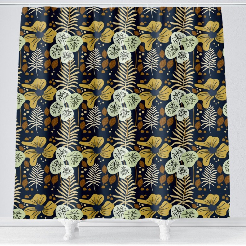 Navy Floral Shower Curtain Navy Sage Bathroom Decor Shower Etsy