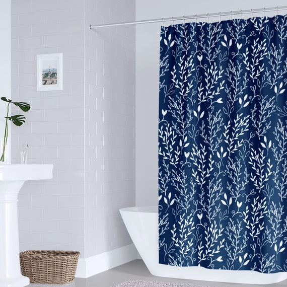 Navy Floral Shower Curtain Blue White Bathroom Decor Navy Etsy