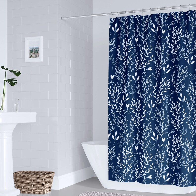 Navy Floral Shower Curtain Blue White Bathroom Decor Navy | Etsy