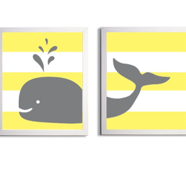 Nursery Whale Kids Room Art Nautical Beach Ocean Sea Prep Stripes Yellow Grey more colors available set of 2 each 8x10