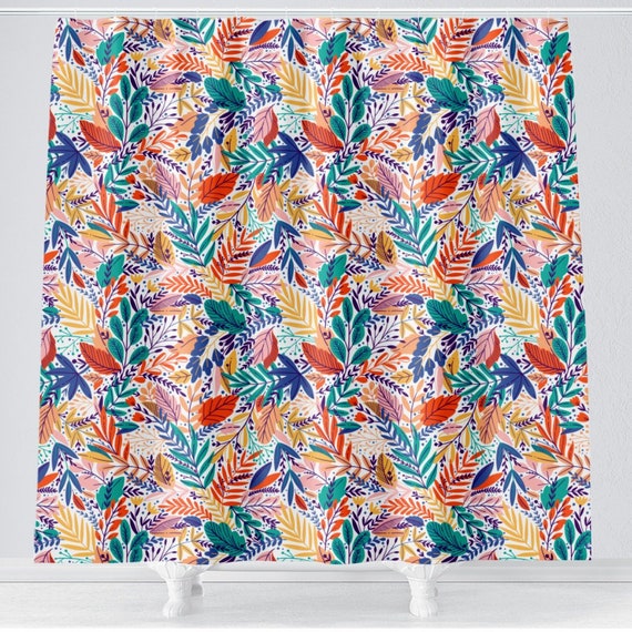 Floral Leaves Shower Curtain Blue Peach Mustard Leaves Shower Etsy