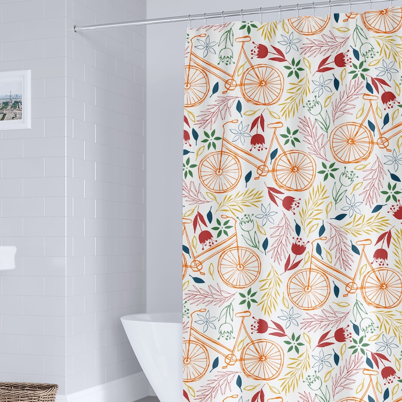 Bicycle Shower Curtain Orange Autumn Tree Print for Bathroom