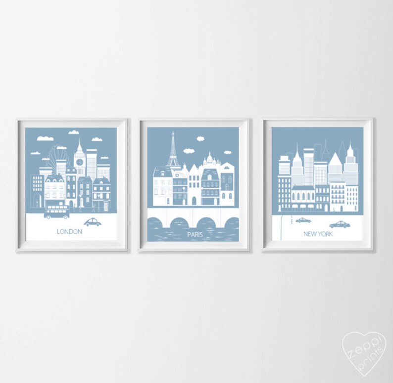 Blue Travel Nursery London Paris New York Art Prints Etsy