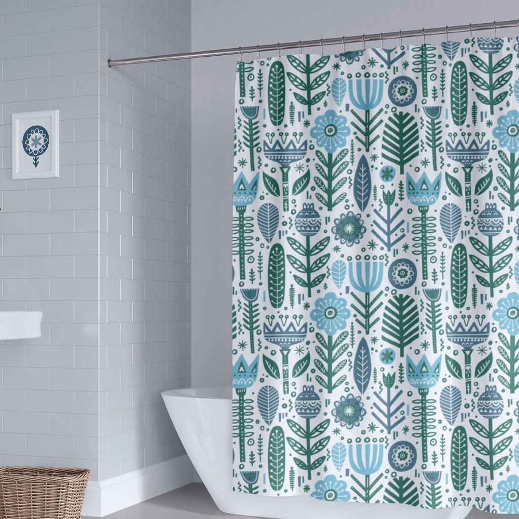 Floral Folk Stil Duschvorhang Blau Grun Folk Duschvorhang Etsy