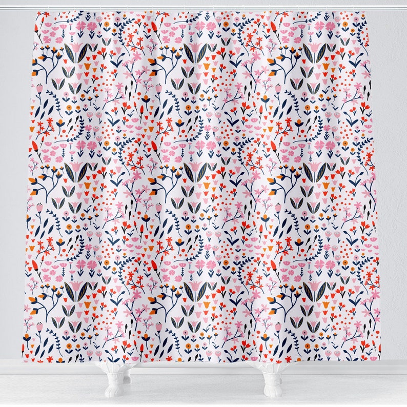 Navy Pink Floral Girl Shower Curtain Girl Bathroom Curtain Etsy