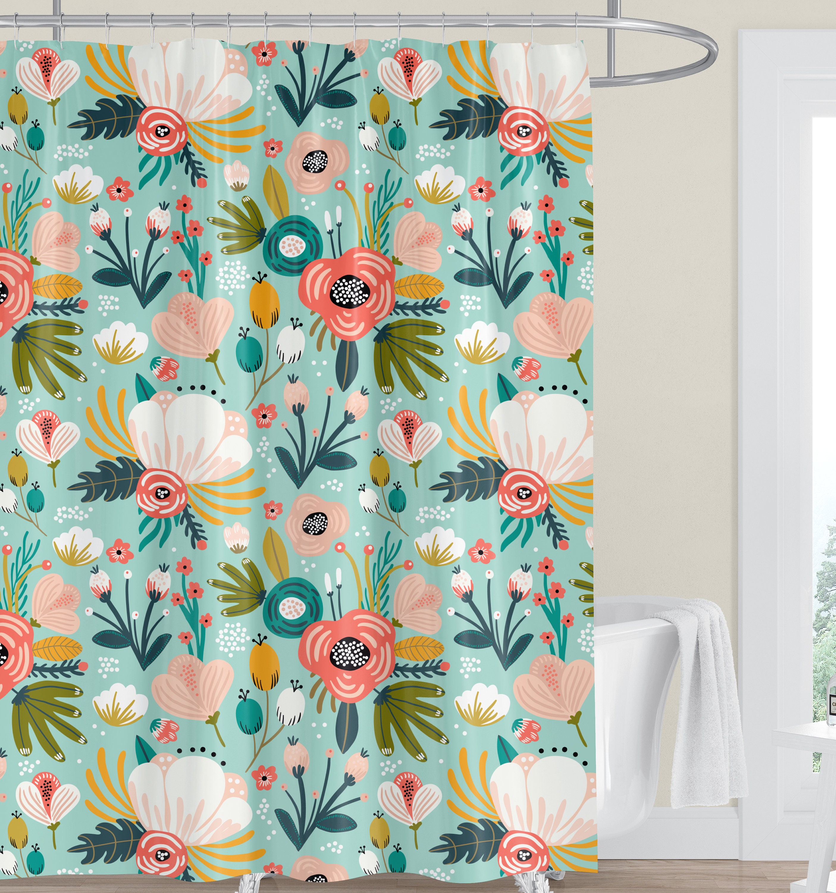 Floral Shower Curtain Pink Coral Peach Green Flower Shower Etsy Floral Shower Curtain Pink Coral Peach Green Flower Shower Etsy