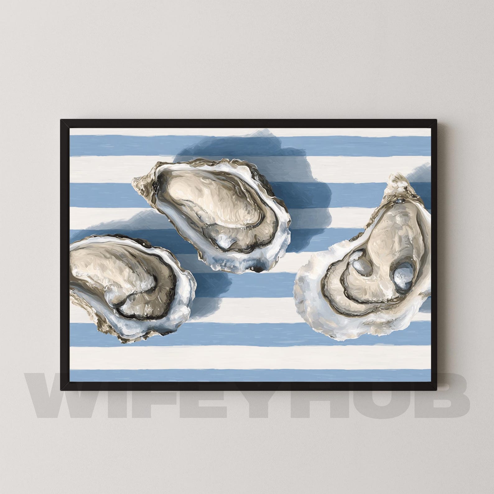 Blue white stripe oyster print coastal wall art