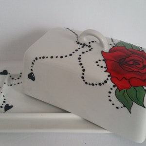 Wonderful handpainted  red rose on butter dish