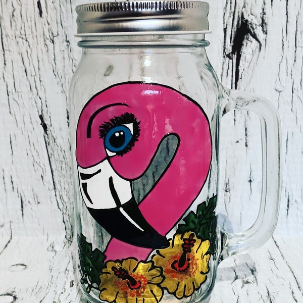 Hand painted glass mug with  Flamingo design