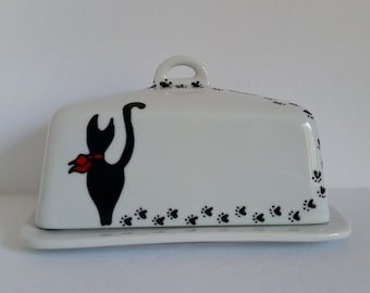 Handpainted Black cat & paw pints on ceramic butter dish