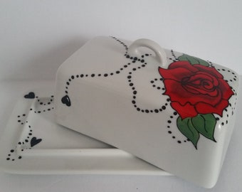 Wonderful handpainted  red rose on butter dish