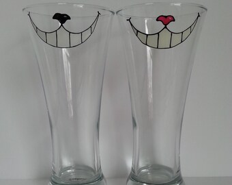 SALE Handpainted Chester's cat smile on delicate Pilsner beer glass