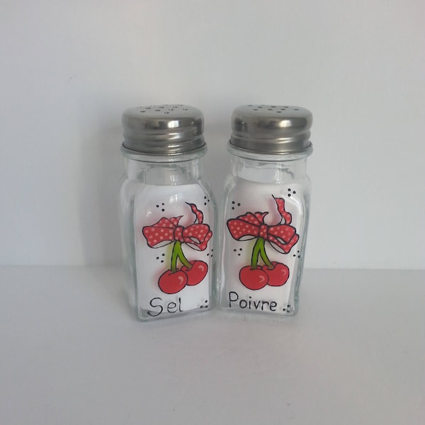 SALE - Hand painted salt and pepper shakers: Rockabilly Cherries with Red Bow