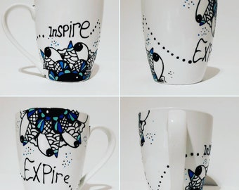 INV - Handpainted Mandala turquoise and aqua touch on a nice mug (inspire...Expire)