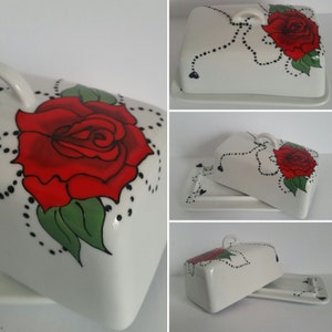 Wonderful handpainted red rose on butter dish image 8