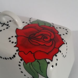 Wonderful handpainted red rose on butter dish image 7