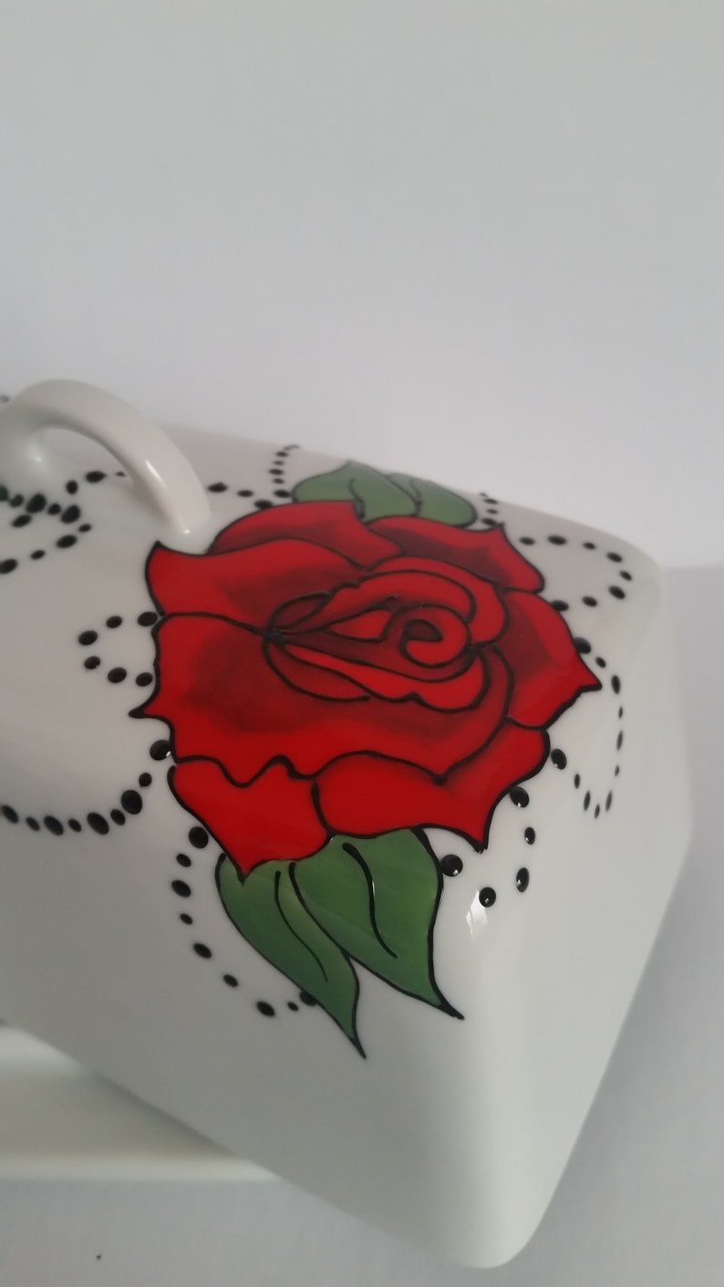 Wonderful handpainted red rose on butter dish image 7