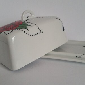 Wonderful handpainted red rose on butter dish image 3